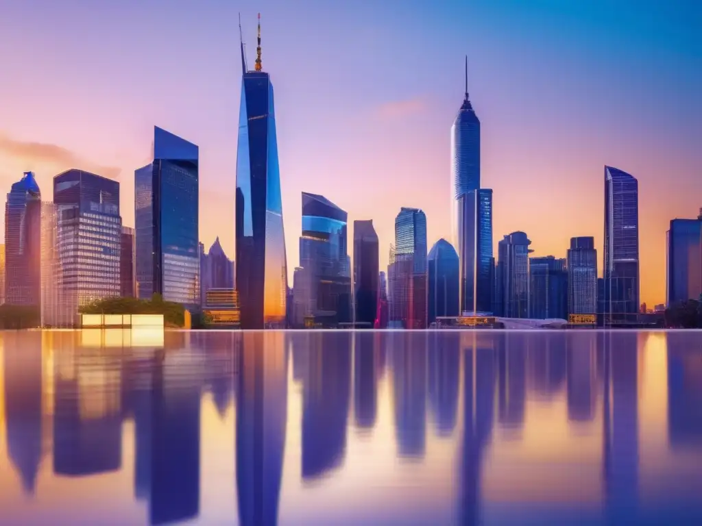 Skyline moderno: inversión sostenible y progreso Inversiones responsables ESG: educación financiera, moderna ciudad al atardecer con rascacielos y profesionales discutiendo