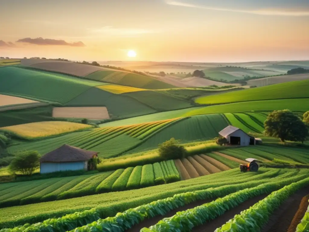 Paisaje rural verde con agricultura diversa y agricultores trabajando Inversiones rurales: Agrofinanzas y desarrollo en paisaje agrícola con colinas verdes, campos y agricultores trabajando