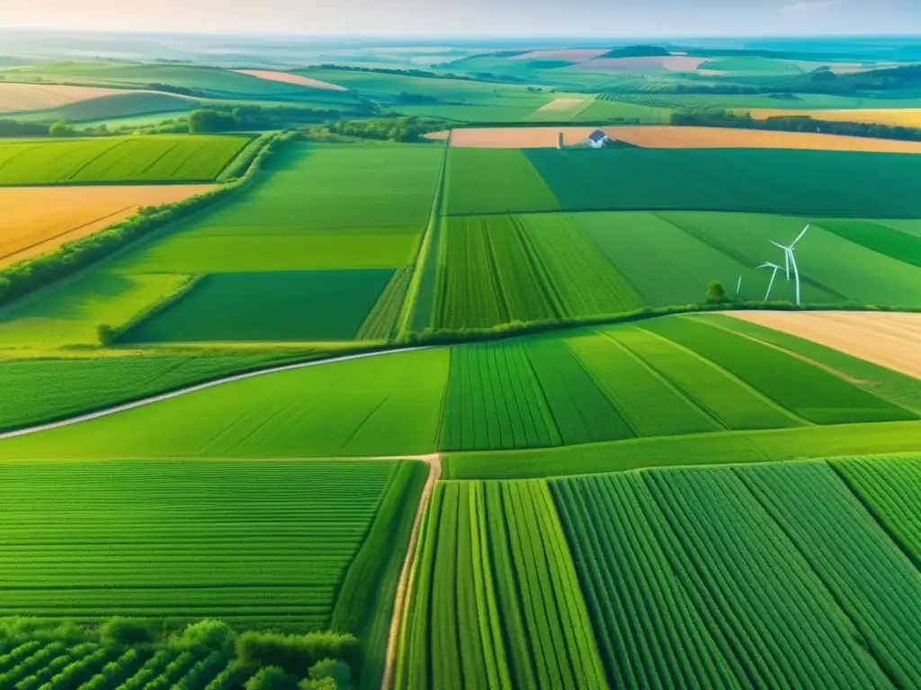 Paisaje rural verde exuberante y granja moderna Inversiones rurales: Agrofinanzas y desarrollo en paisaje verde con granja, cultivos y parque eólico