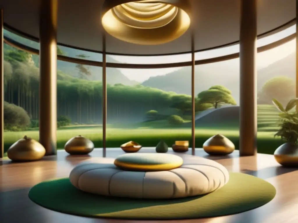 Sala de meditación con vista a paisaje verde Meditación en inversiones: sala de meditación serena con vista a la naturaleza, símbolos de inversión y decoración minimalista