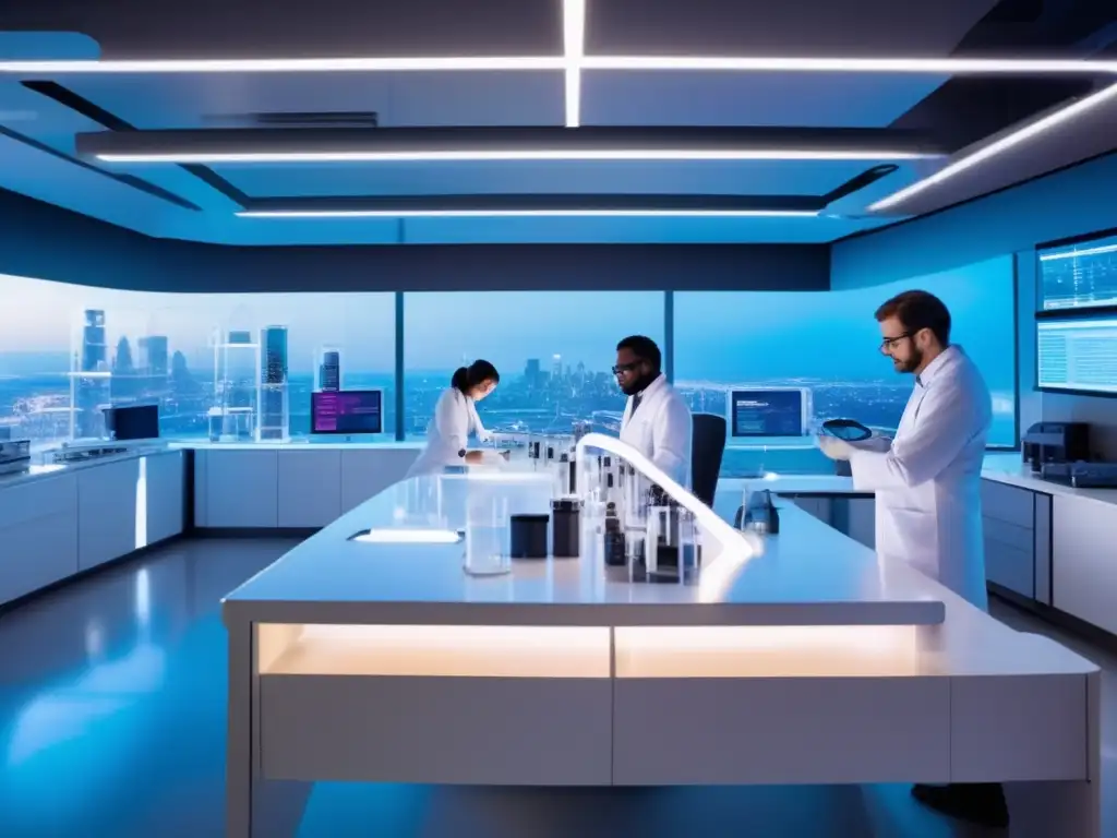 Laboratorio futurista: científicos e innovación Inversiones en salud y biotecnología: lab futurista con científicos experimentando, pantallas digitales y equipo de alta tecnología