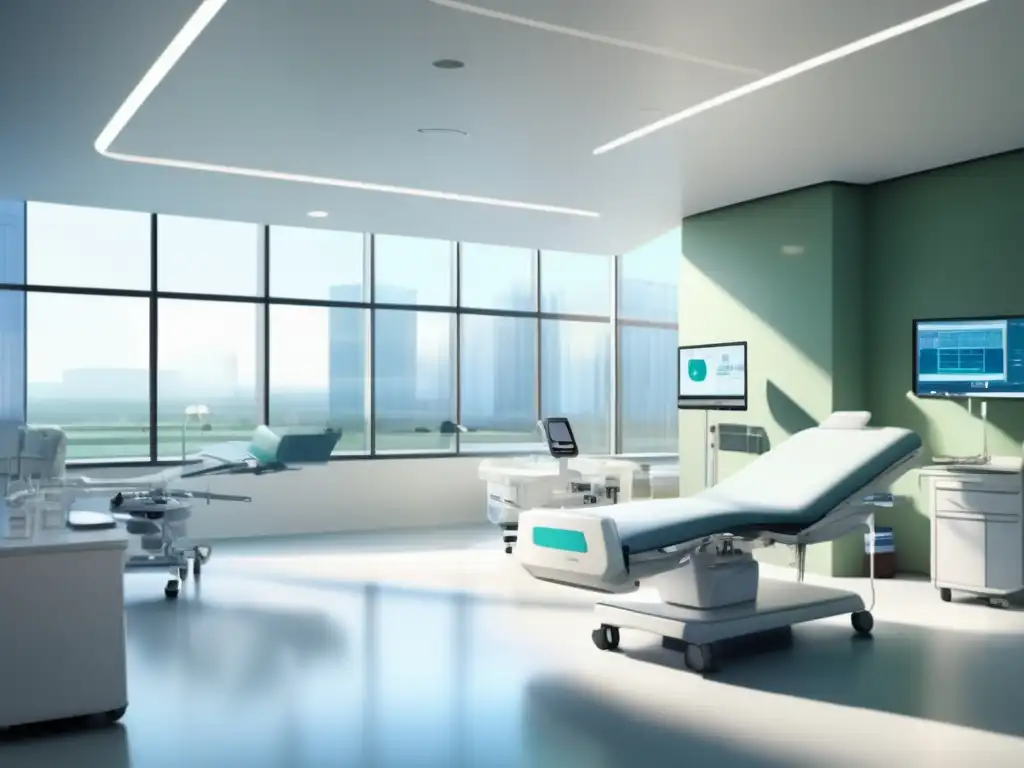 Hospital moderno con tecnología avanzada y equipo médico Inversiones en Salud Global PostPandemia: Hospital moderno y equipo médico avanzado en ambiente luminoso y colaborativo