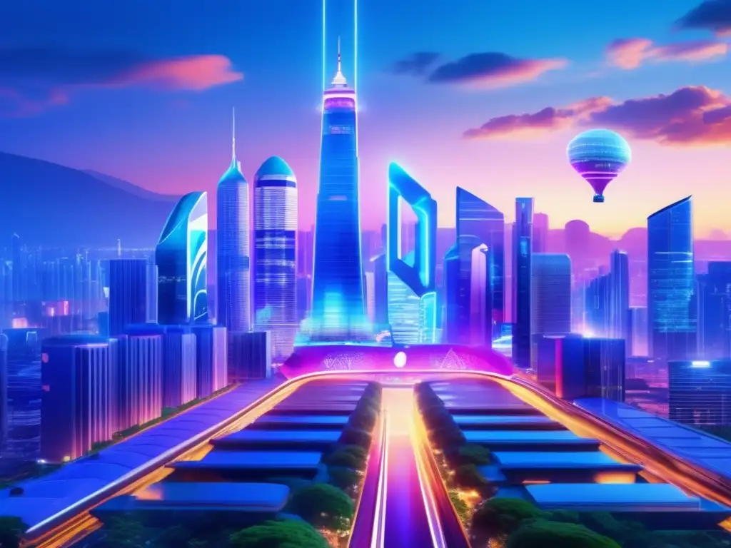 Ciudad futurista con rascacielos iluminados Inversiones en Salud Global PostPandemia, futurista ciudad con rascacielos modernos, señales médicas y naturaleza, evocando progreso y optimismo