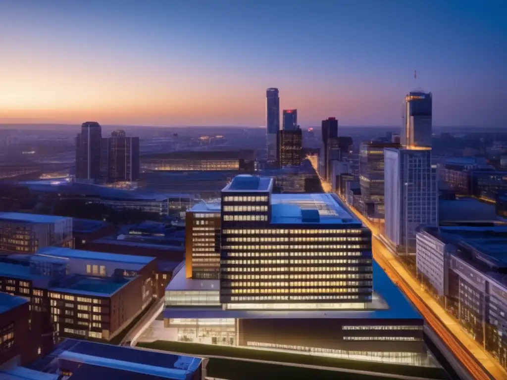 Hospital moderno en la ciudad de noche Inversiones en Salud Global PostPandemia: Ciudad urbana al atardecer con rascacielos, hospital moderno iluminado y red de carreteras
