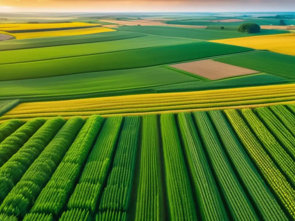 Campo agrícola próspero bajo el sol dorado Inversiones seguras en agricultura y commodities: paisaje agrícola dorado, cultivos verdes vibrantes, instalación agrícola moderna