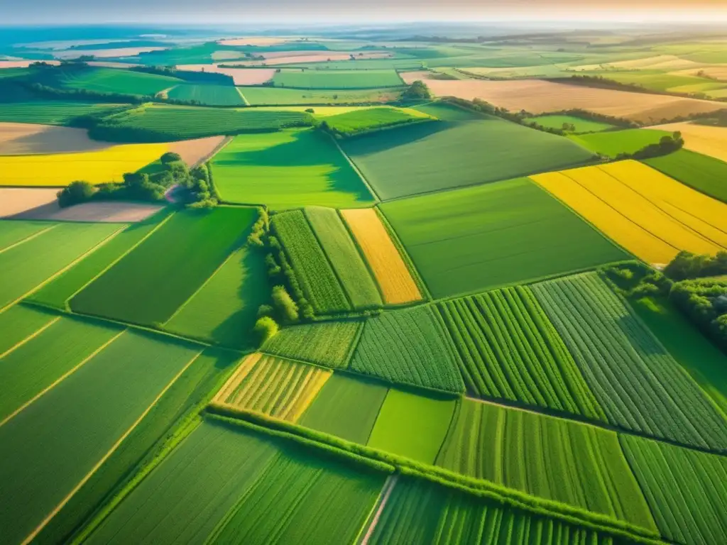 Vista aérea de paisaje agrícola Inversiones seguras en agricultura y commodities: Paisaje agrícola vibrante y productivo con granjas y campos verdes