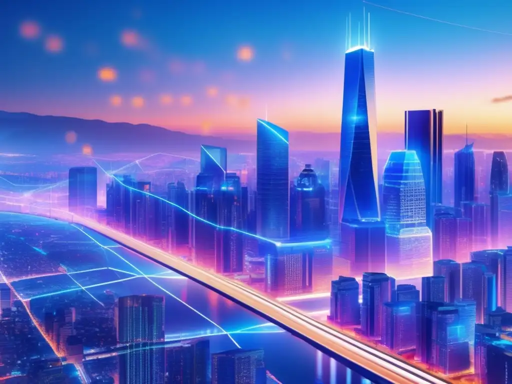 Ciudad futurista con red blockchain holográfica Inversiones seguras en criptomonedas: ciudad futurista con blockchain holográfico