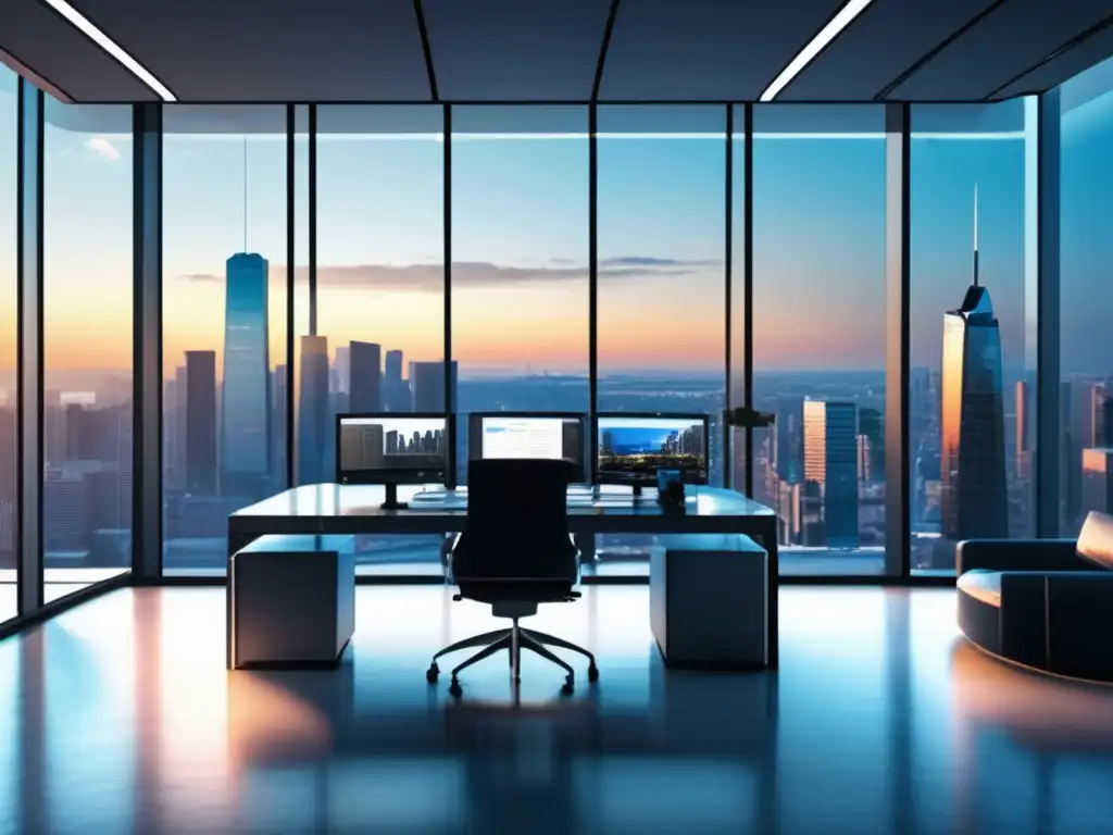 Oficina moderna con vista panorámica de ciudad Inversiones seguras en criptomonedas: Oficina moderna con vista panorámica de ciudad, profesionales analizando inversiones