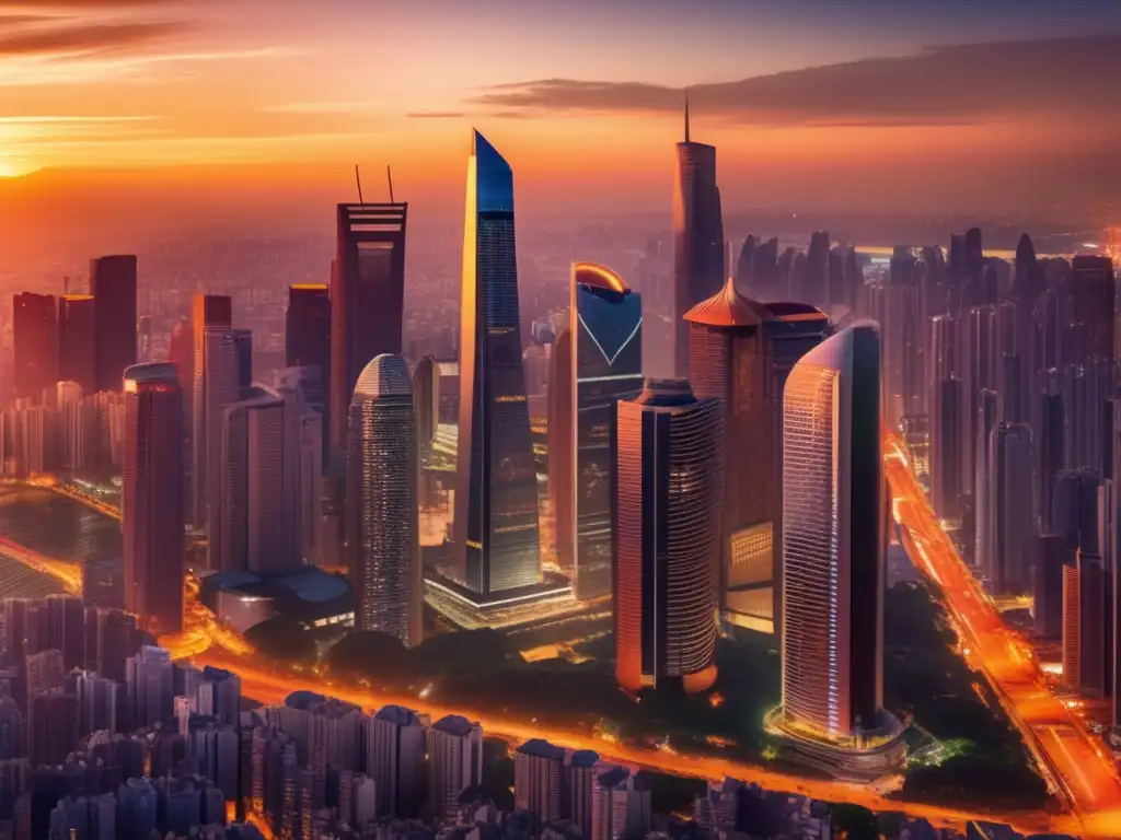 Ciudad vibrante al atardecer: inversión y crecimiento económico Inversiones seguras en mercados emergentes - Ciudad vibrante, rascacielos reflejando el atardecer, profesionales discutiendo