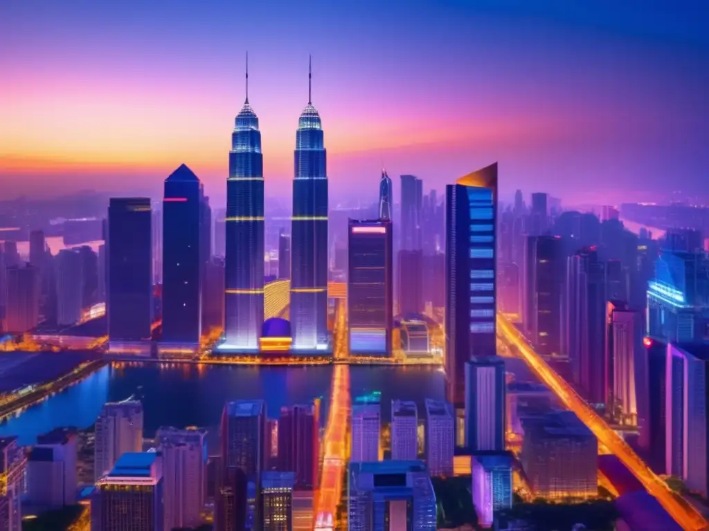 Ciudad moderna al anochecer Inversiones seguras en mercados emergentes: ciudad moderna al atardecer con rascacielos iluminados y vibrante actividad económica
