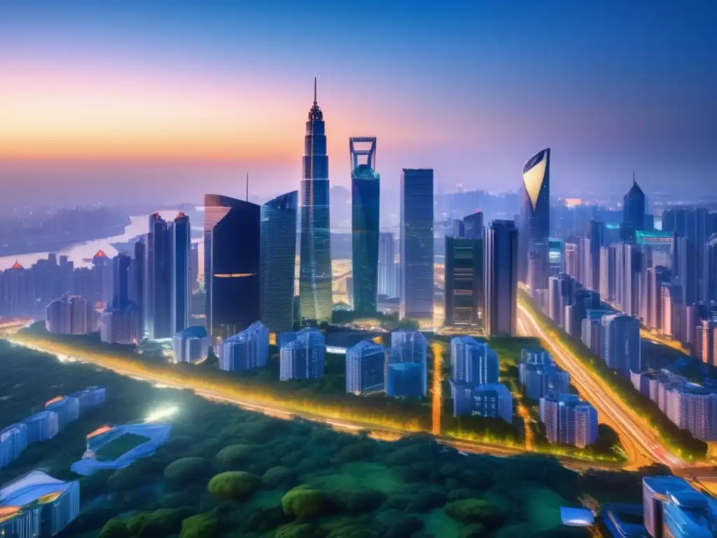 Horizonte urbano vibrante de una ciudad moderna al anochecer Inversiones seguras en mercados emergentes: ciudad moderna con rascacielos iluminados, naturaleza exuberante y crecimiento económico