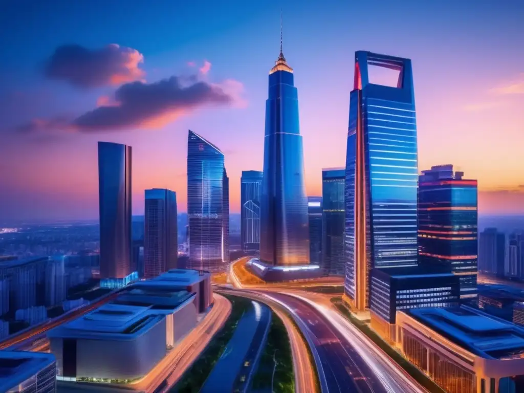 Ciudad moderna en crecimiento Inversiones seguras en mercados emergentes: Ciudad moderna al atardecer, con rascacielos iluminados y dinámico ambiente urbano