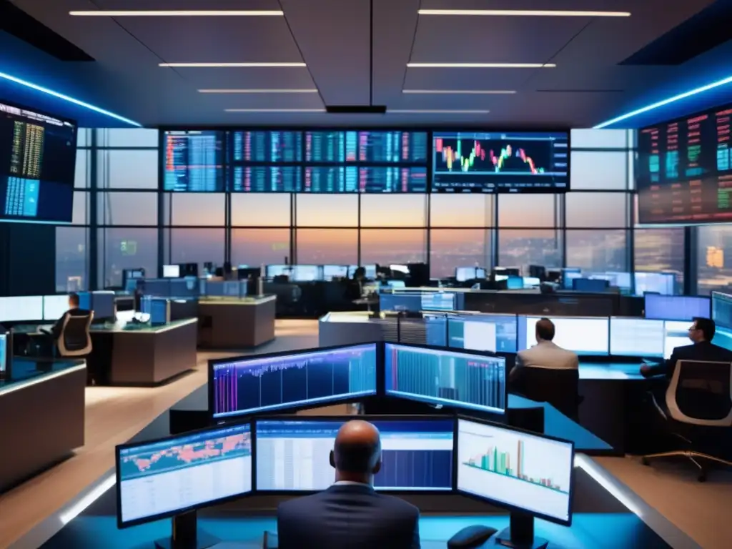 Traders en mercado bursátil moderno Inversiones seguras en mercados emergentes en una vibrante bolsa de valores con traders profesionales y tecnología avanzada