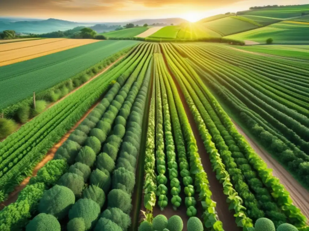 Campo verde sostenible con cultivos vibrantes Inversiones sostenibles en agricultura: Un campo verde lleno de cultivos vibrantes, planificados y con tecnología de vanguardia