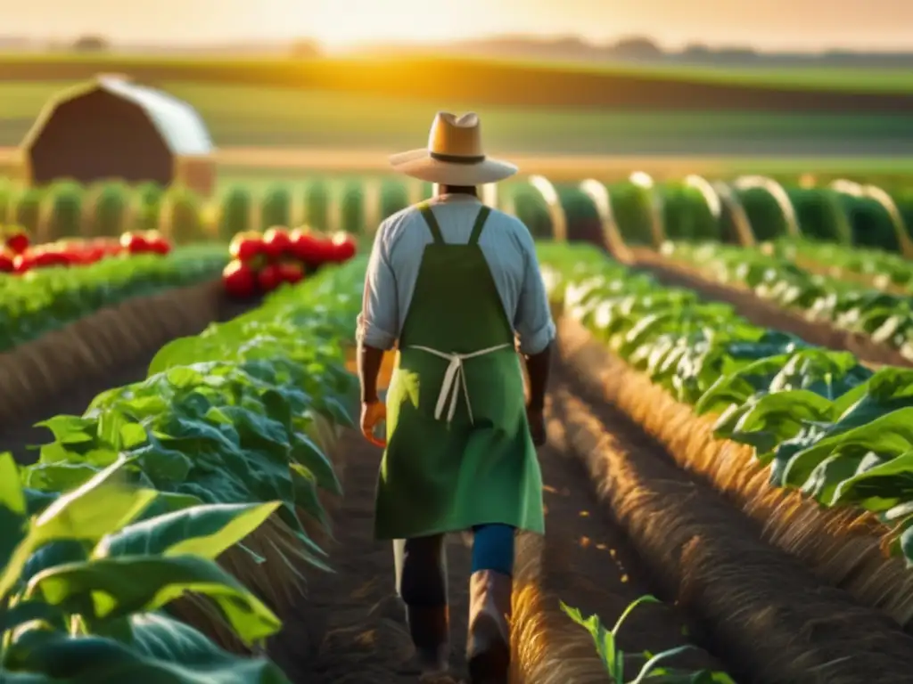 Agricultura sostenible y moderna Inversiones sostenibles en agricultura: imagen de campo vibrante, agricultor orgulloso, cultivos prósperos, infraestructura ecológica