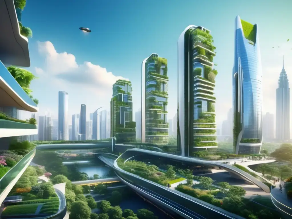 Futuro urbano sostenible con rascacielos verdes Inversiones sostenibles en bolsa: Futurista ciudad con rascacielos ecológicos, vehículos eléctricos y energías renovables