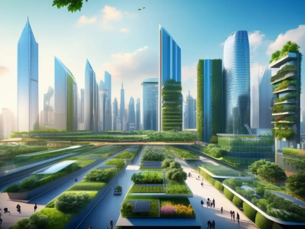 Ciudad sostenible con rascacielos verdes Inversiones sostenibles en bolsa: Moderna ciudad con rascacielos sostenibles, jardines verticales y energía solar