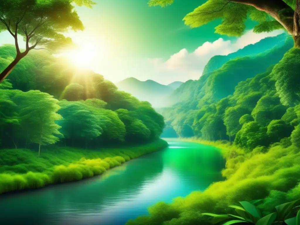 Bosque verde lleno de vida y tranquilidad Inversiones sostenibles contra cambio climático: bosque verde exuberante, río cristalino y armonía natural
