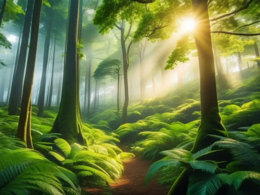 Bosque exuberante: lucha cambio climático Inversiones sostenibles contra cambio climático: Bosque exuberante, sol dorado, biodiversidad, armonía y esperanza