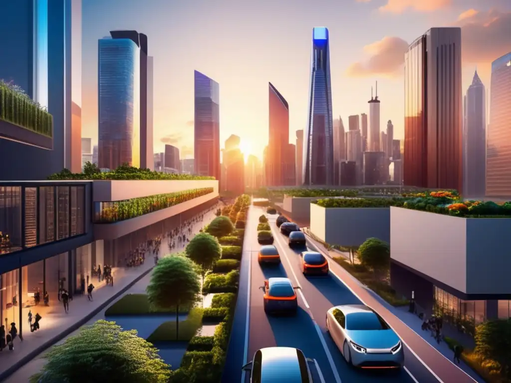 Ciudad sostenible con rascacielos y jardines verticales Inversiones sostenibles contra cambio climático en una ciudad moderna y sustentable al atardecer