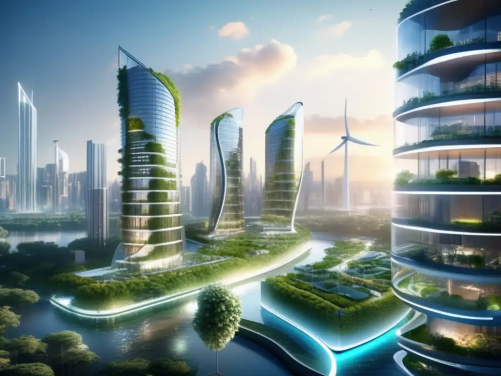 Futuro verde: Ciudad sostenible con edificios transparentes y jardines verticales Inversiones sostenibles y cambio climático