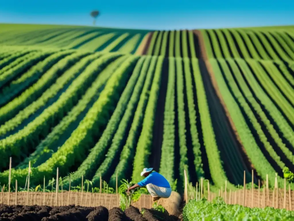 Agricultura sostenible: campo verde y productivo Inversiones sostenibles en agricultura: Campo verde con cultivos prósperos, agricultor trabajando en armonía con la naturaleza