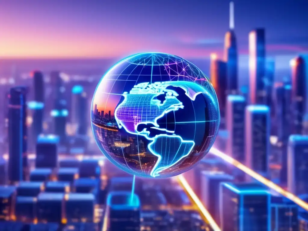 Inversión sostenible con IA Inversiones sostenibles con IA: Ciudad futurista, rascacielos, luces LED, IA mostrando datos de inversión responsable