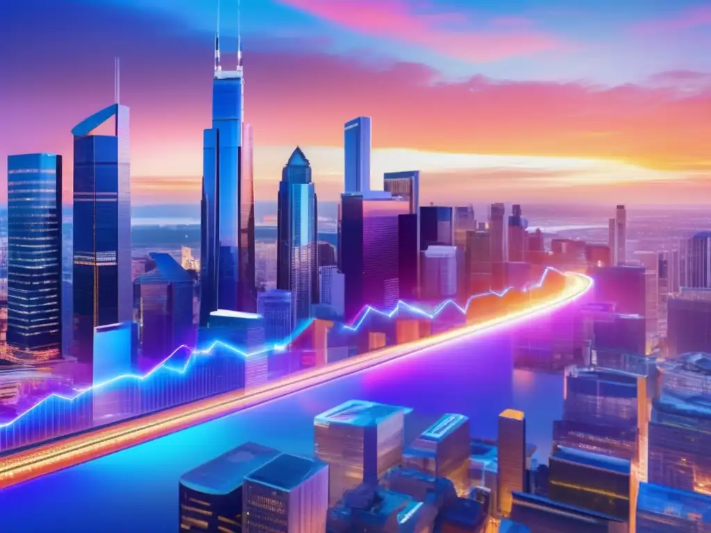Ciudad futurista con inversores y tecnología AI Inversiones sostenibles con IA: Ciudad futurista al atardecer con rascacielos, profesionales diversos y tecnología avanzada