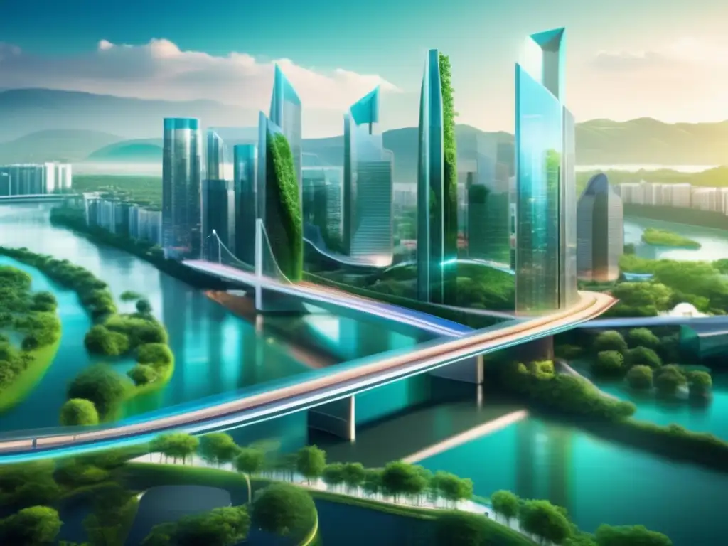 Futuro financiero sostenible con tecnología Inversiones sostenibles fintech en ciudad futurista con arquitectura eco-amigable y tecnológica