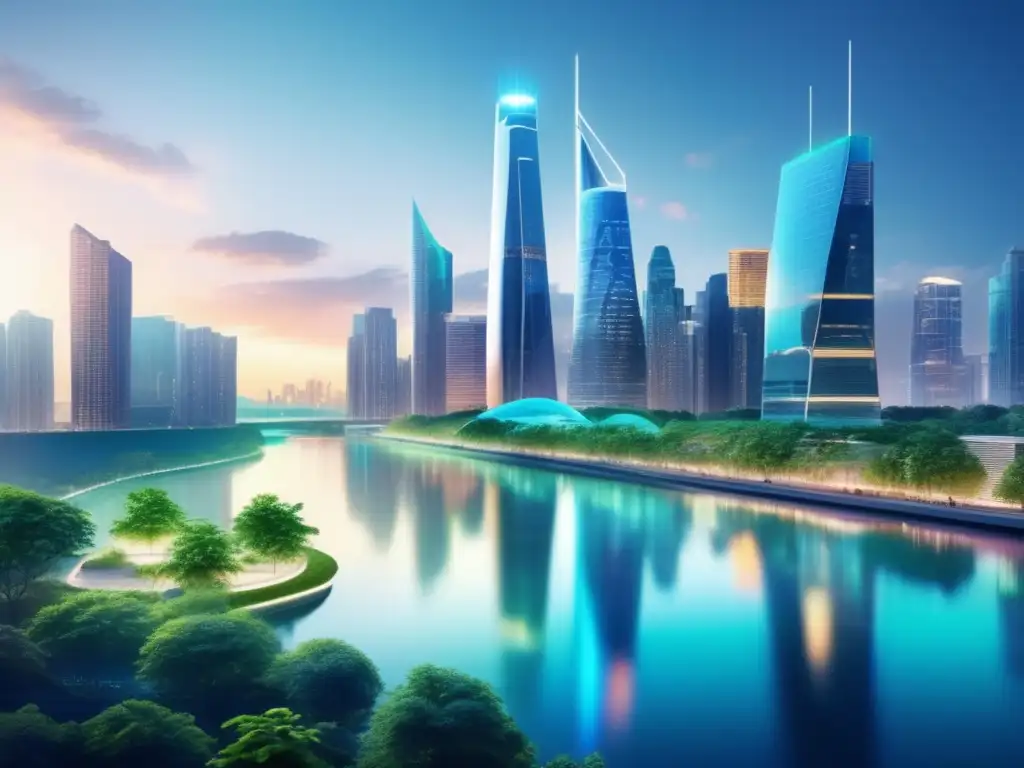 Futuro sustentable: Colaboración y tecnología Inversiones sostenibles fintech en una ciudad futurista ecoamigable con profesionales colaborando en innovación y sustentabilidad