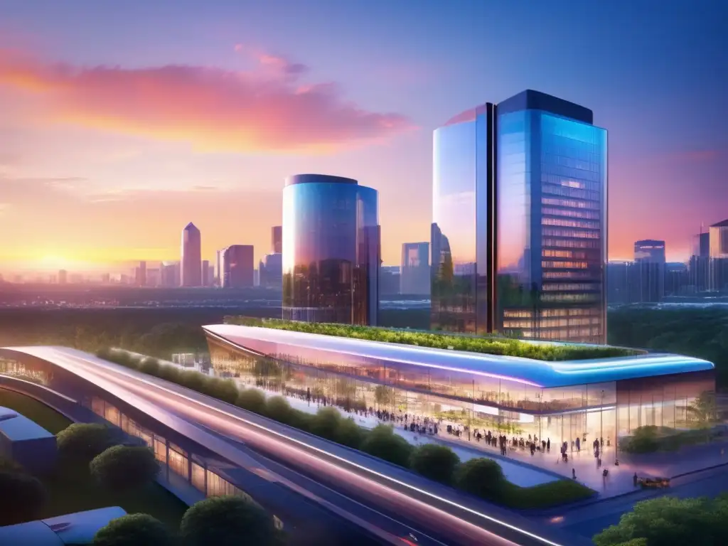 Ciudad moderna con edificio fintech y transporte sostenible Inversiones sostenibles fintech en ciudad moderna y vibrante -