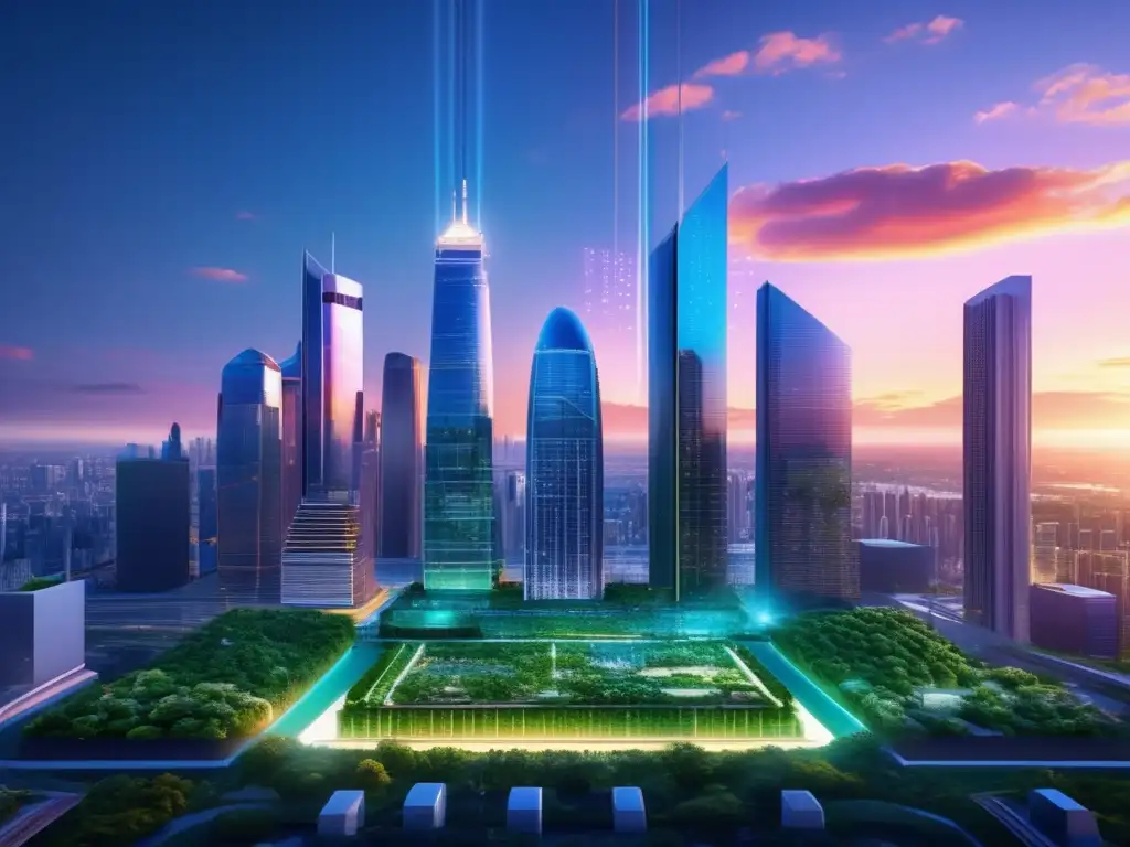 Ciudad sustentable con IA Inversiones sostenibles con IA: Ciudad moderna, rascacielos verdes, paisaje armonioso y tecnología AI