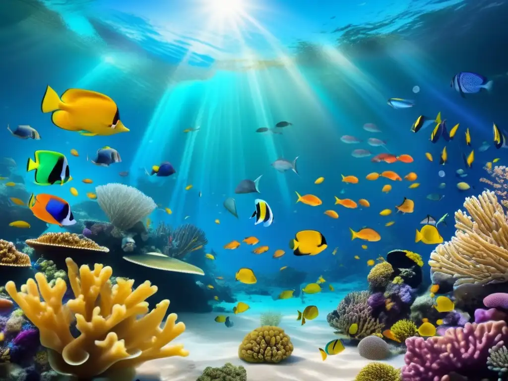 Hermoso arrecife de coral lleno de vida y color Inversiones sostenibles en océanos: Coral reef vibrante con peces coloridos y formaciones de coral intricadas