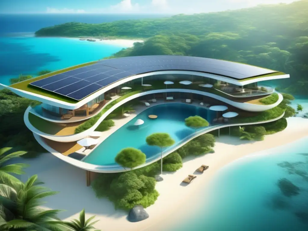 Ecoresort de ensueño en entorno natural Inversiones sostenibles en ecoturismo: ecoresort 8k con arquitectura moderna, rodeado de naturaleza exuberante y un mar turquesa tranquilo