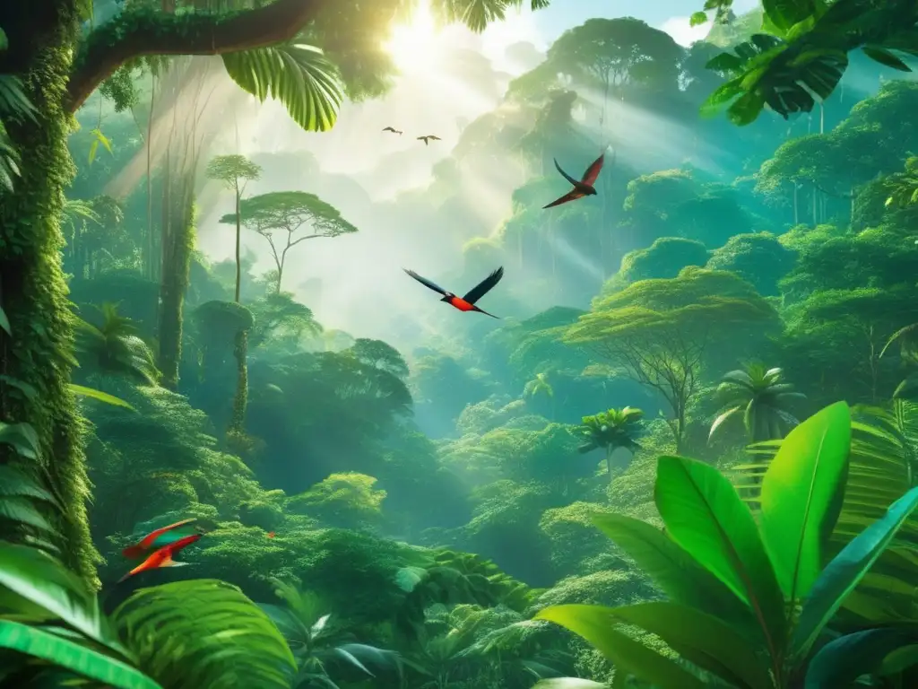 Bosque tropical exuberante invita a la exploración Inversiones sostenibles en ecoturismo: Una exuberante selva tropical en 8k, con árboles imponentes, aves tropicales y un río cristalino