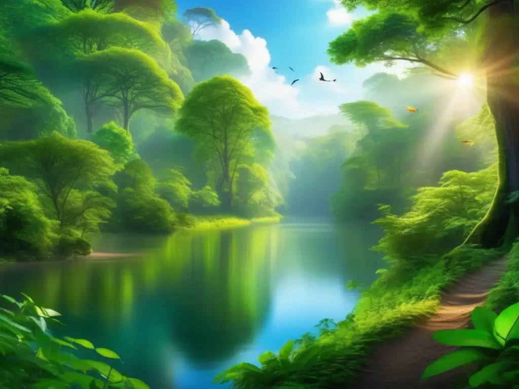 Bosque exuberante y vibrante con río cristalino Inversiones sostenibles en ecoturismo: Bosque exuberante, río cristalino y aves coloridas invitan a sumergirse en la naturaleza