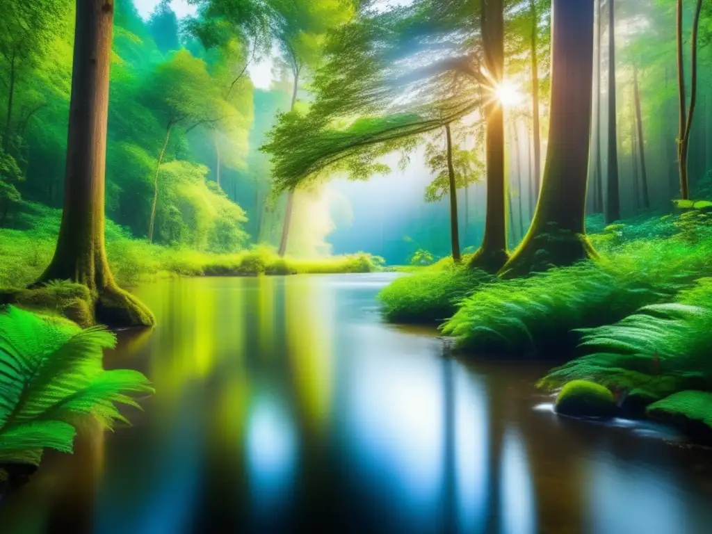 Bosque verde exuberante con río tranquilo Inversiones sostenibles en ecoturismo: Bosque verde exuberante con árboles altos y río sereno