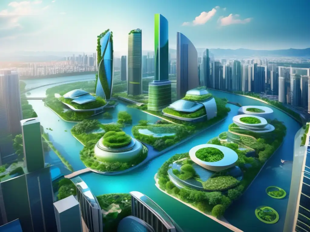 Un paisaje urbano sostenible y vibrante Inversiones sostenibles y empresas con propósito en ciudad futurista con jardines verticales, integrando naturaleza y negocios