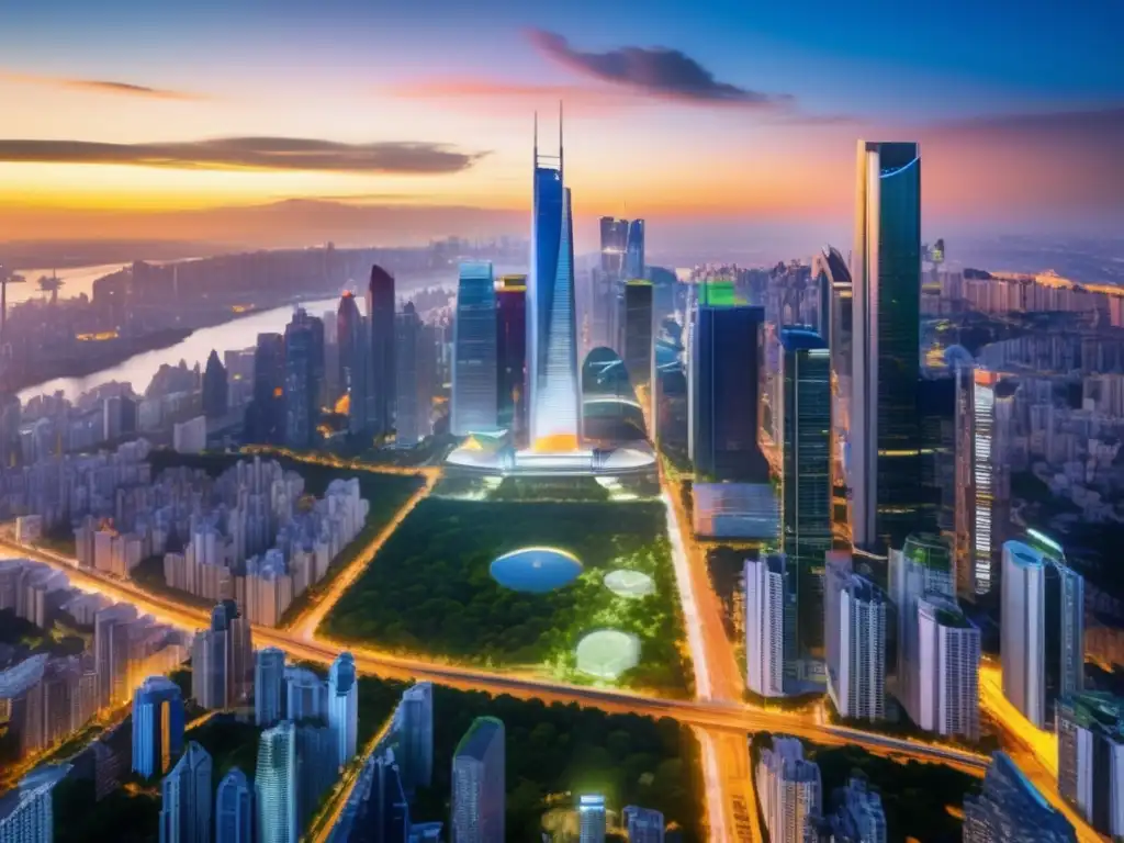 Ciudad sostenible al atardecer Inversiones sostenibles empresas propósito: Ciudad vibrante con rascacielos, luces LED, naturaleza y profesionales colaborando