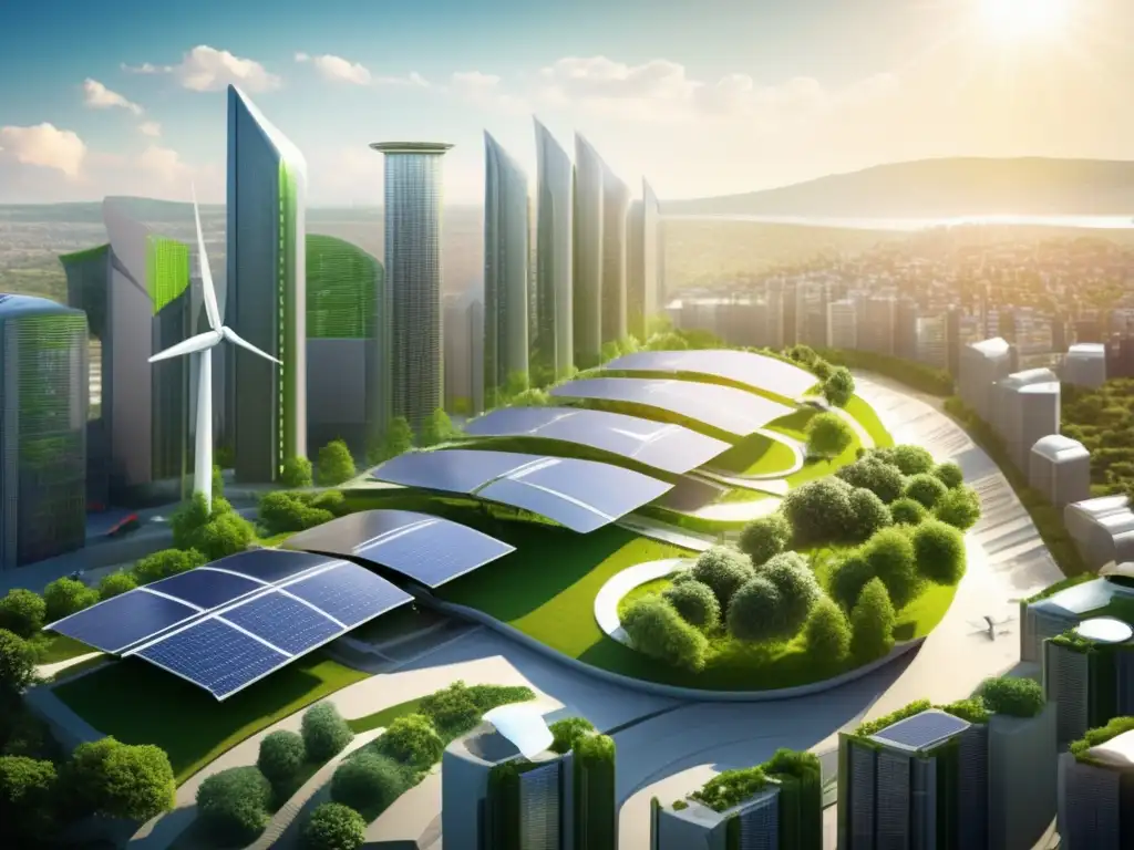 Futuro ciudad sostenible y energética Inversiones sostenibles en energía y materias primas: Futurista ciudad solar, eólica y verde, fusionando arquitectura urbana con energías renovables