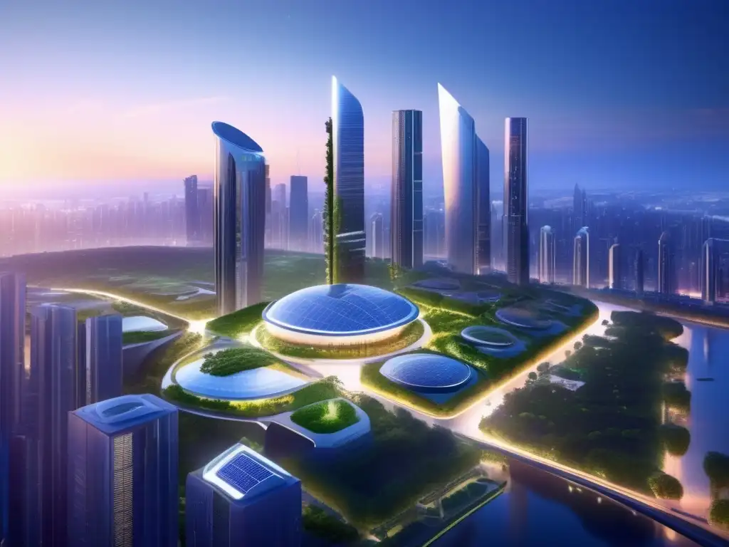 Futura ciudad sostenible con rascacielos modernos Inversiones sostenibles en energía y materias primas: Futurista ciudad con rascacielos ecológicos, parques verdes, y tecnología avanzada