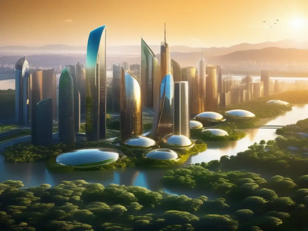 Ciudad futurista con rascacielos sostenibles Inversiones sostenibles en energía y materias primas para una ciudad futurista con rascacielos de vidrio reflectante, energía limpia y naturaleza