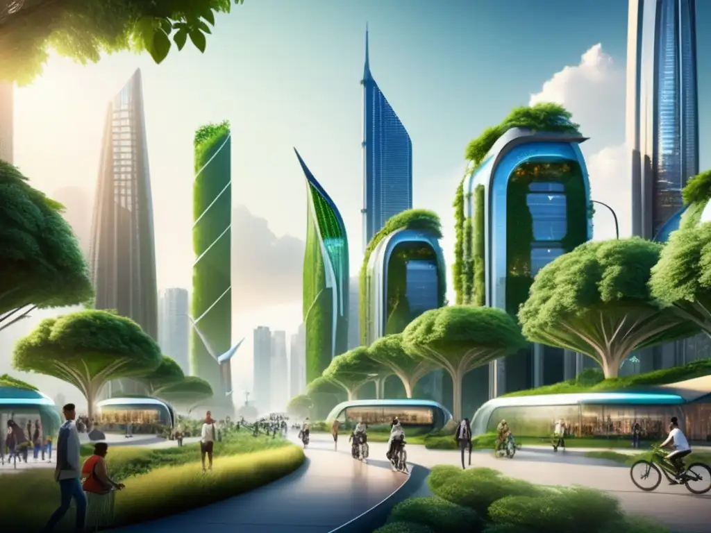 Ciudad futurista sostenible con arquitectura innovadora Inversiones sostenibles en energía y materias primas en una ciudad futurista con arquitectura innovadora y energías renovables