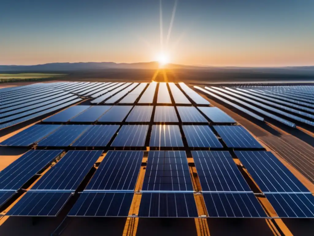 Panorama solar y eólico: eficiencia y tecnología renovable Inversiones sostenibles en energías renovables: vista panorámica de una granja solar con paneles alineados, cielo azul y turbinas eólicas