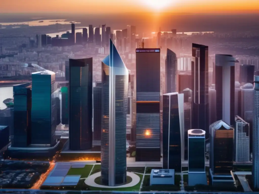 Ciudad con rascacielos solares Inversiones sostenibles en energías renovables: paisaje urbano con rascacielos modernos y paneles solares