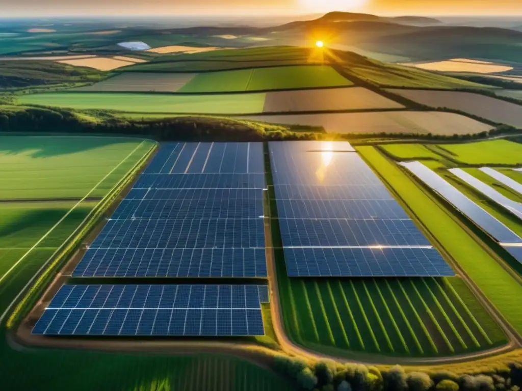 Granja solar generando energía renovable Inversiones sostenibles en energías renovables: granja solar dorada, paneles, turbinas eólicas y naturaleza