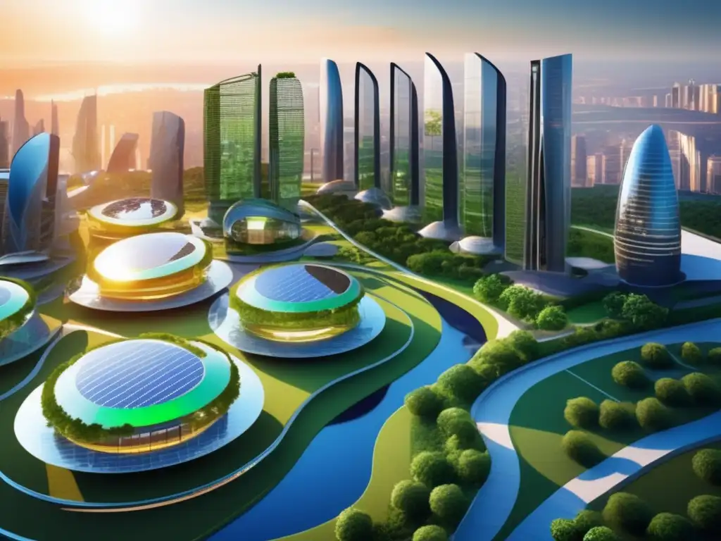 Ciudad futurista llena de energía sostenible Inversiones sostenibles fintech: Ciudad futurista y vibrante con energías renovables, edificios modernos y vehículos eléctricos