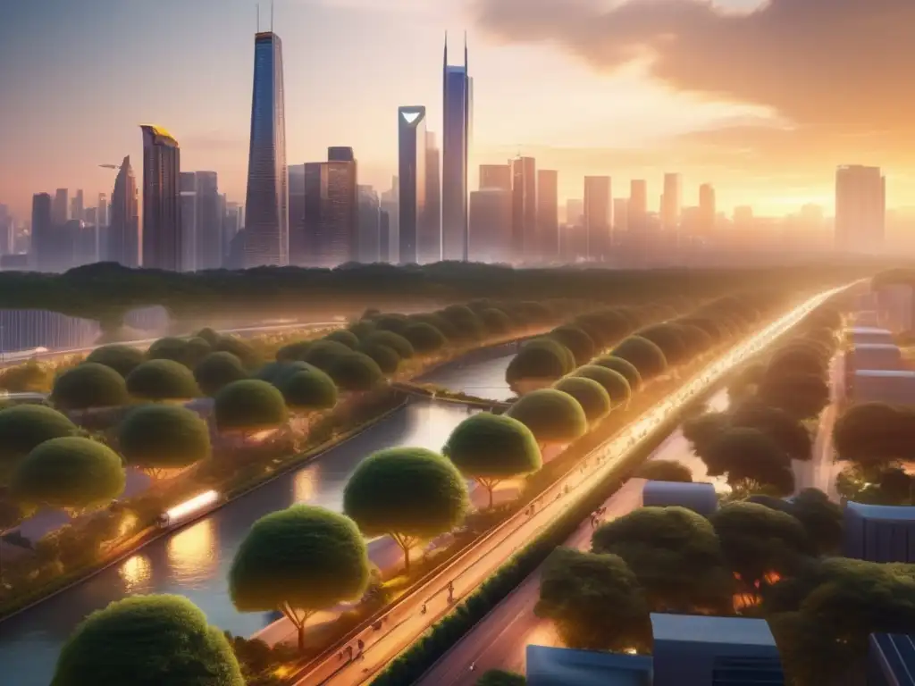 Ciudad sostenible: urbanismo, naturaleza y diversidad Inversiones sostenibles para un futuro responsable en una ciudad con rascacielos, parques verdes y personas comprometidas en actividades sustentables