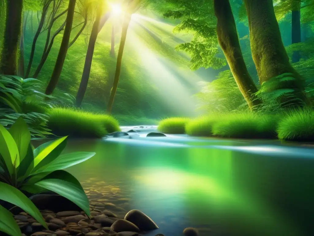 Bosque verde: Belleza y sostenibilidad Inversiones sostenibles para un futuro responsable en un bosque verde y vibrante, con árboles majestuosos y un río cristalino