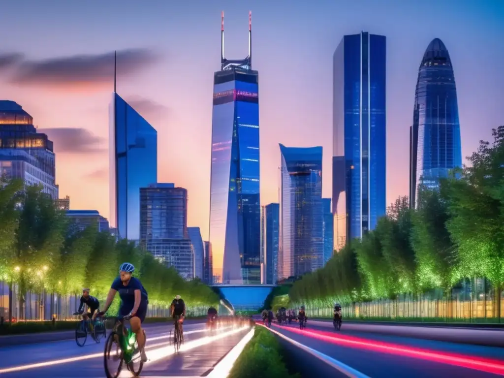 Ciudad moderna y sostenible al anochecer Inversiones sostenibles: impacto ambiental y éxito financiero